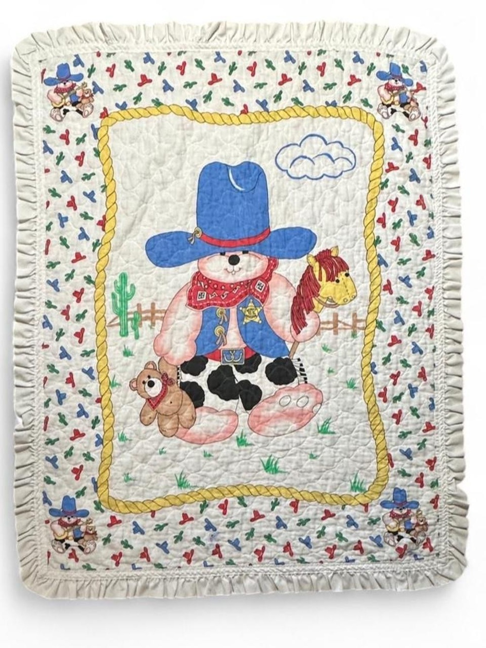 American Vintage White Blue Red Cowboy Teddy Baby Quilt Throw